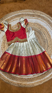(SB556)Kanchipuram White with Red Border, Silver and Golden Zari Weaved ,Originally Aari Worked Pavadai Sattai takes 4 weeks to ship