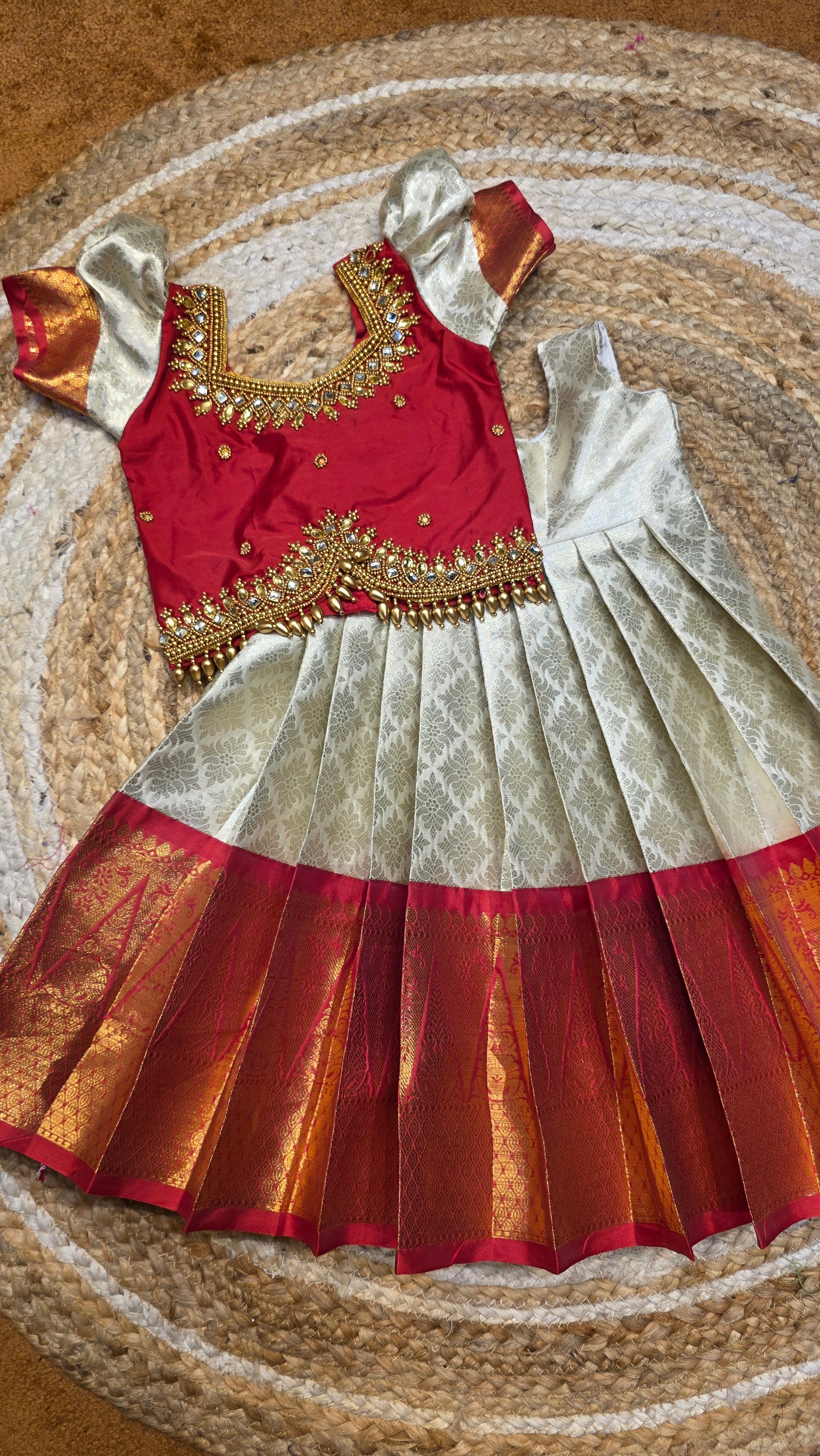 (SB556)Kanchipuram White with Red Border, Silver and Golden Zari Weaved ,Originally Aari Worked Pavadai Sattai takes 4 weeks to ship