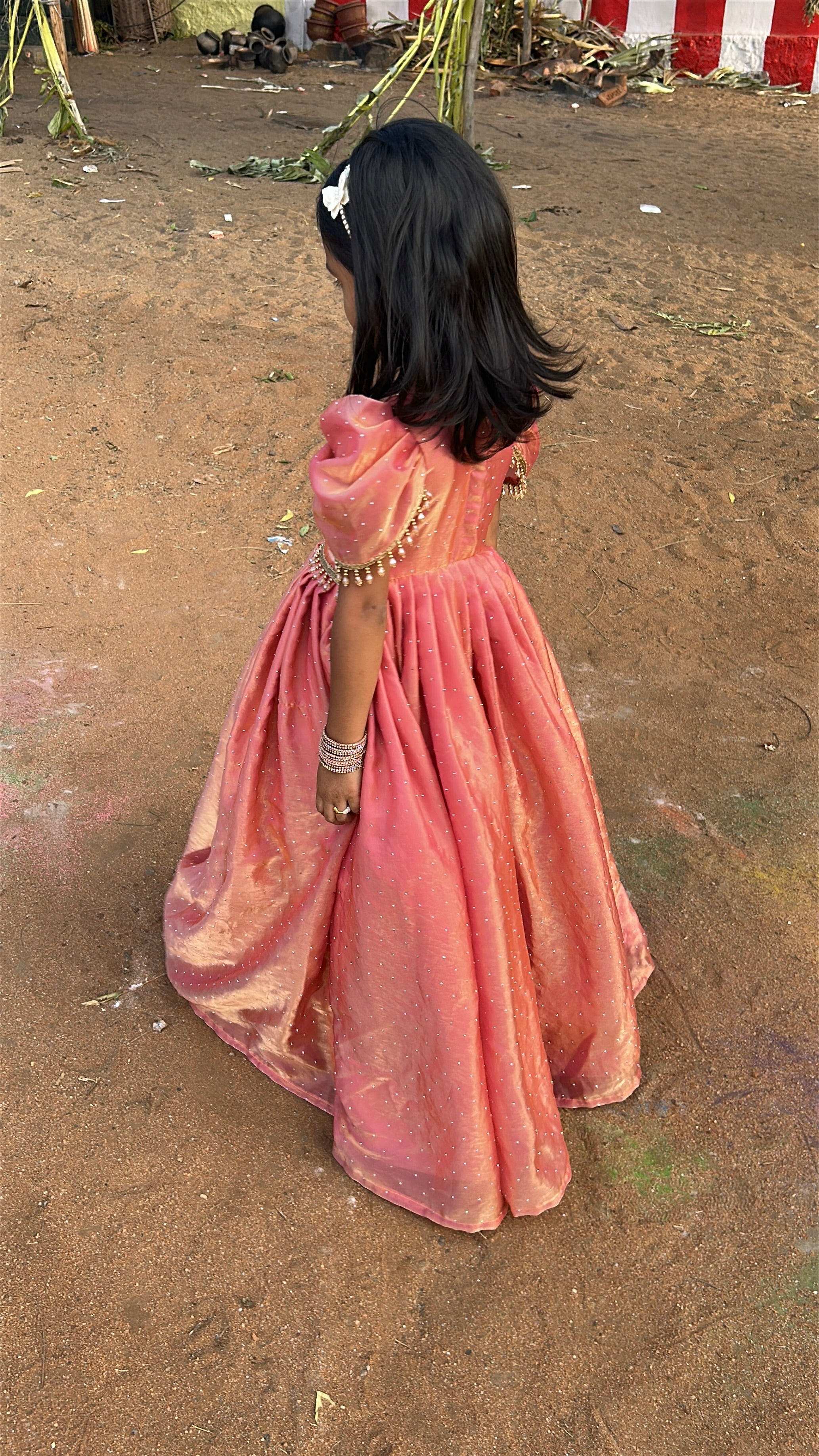 ( SB414) Theanadai- Luxury Space Silk Gown with Cindrella Sleeves and Crystal Hangings