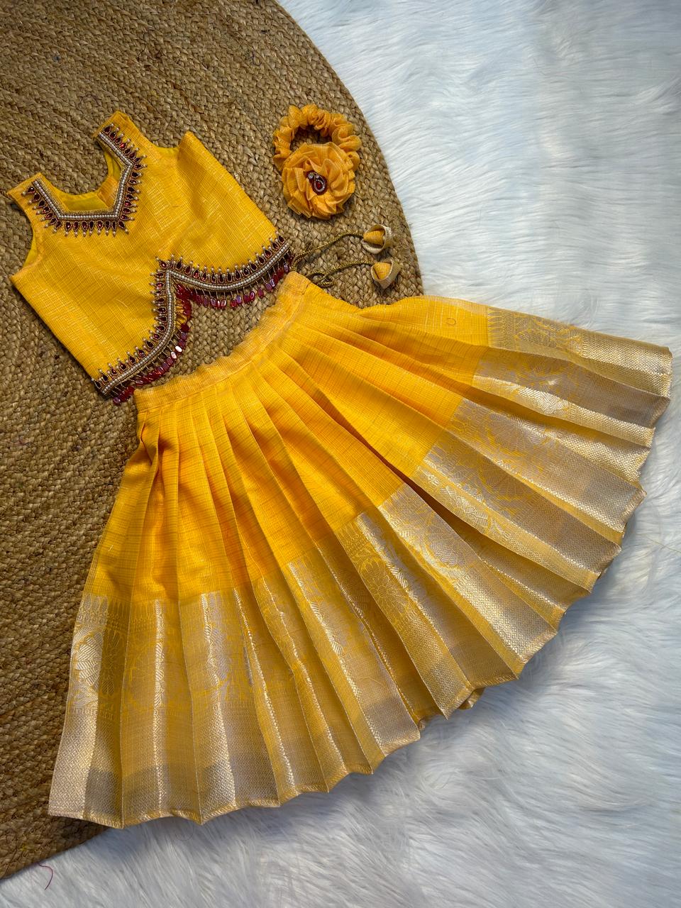 (SB236)Yellow Originally Aari Worked Pavadai Sattai