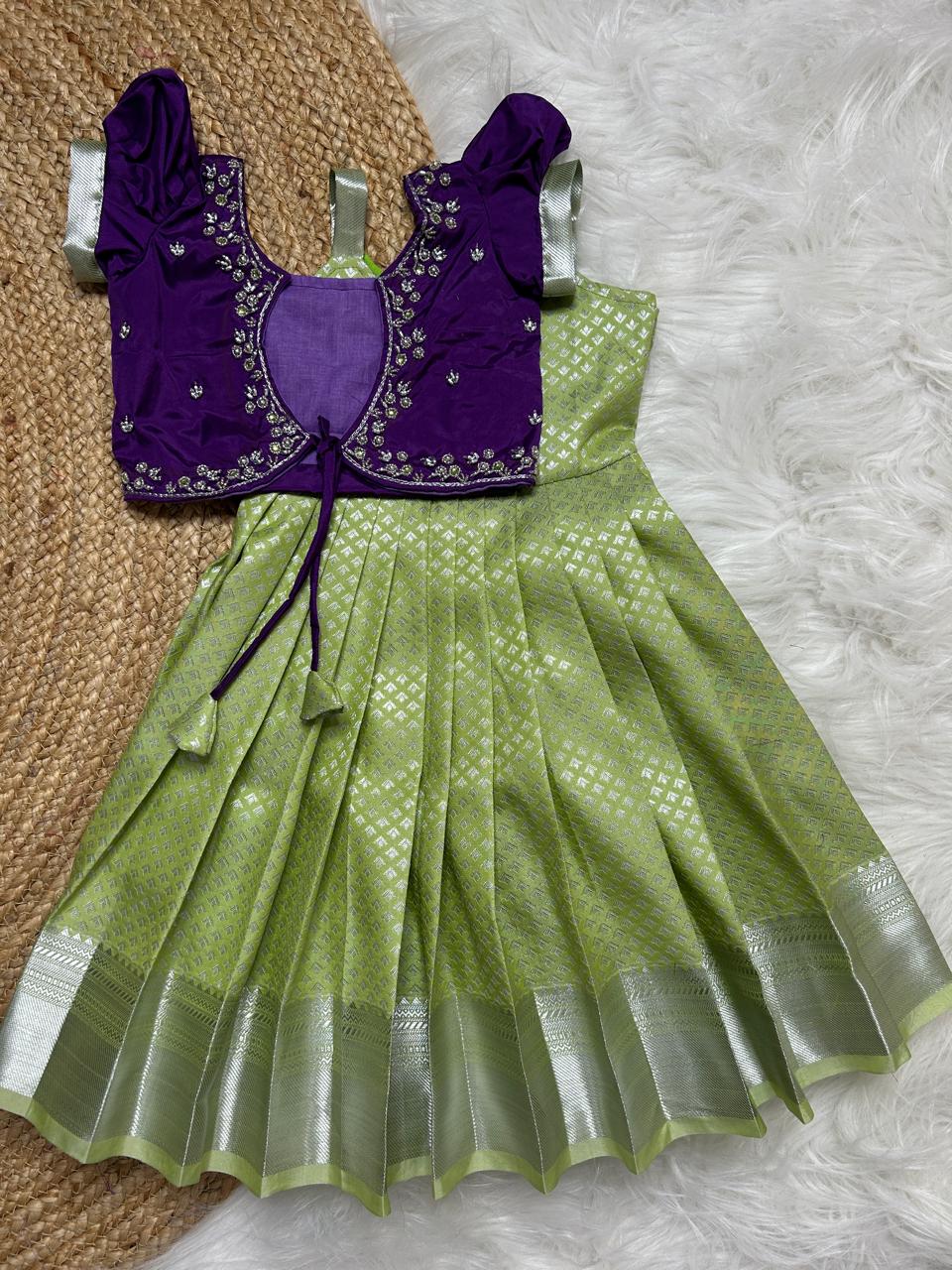 (SB278)Kanchana - Purple with Green Aari Overcoat Silk Gown