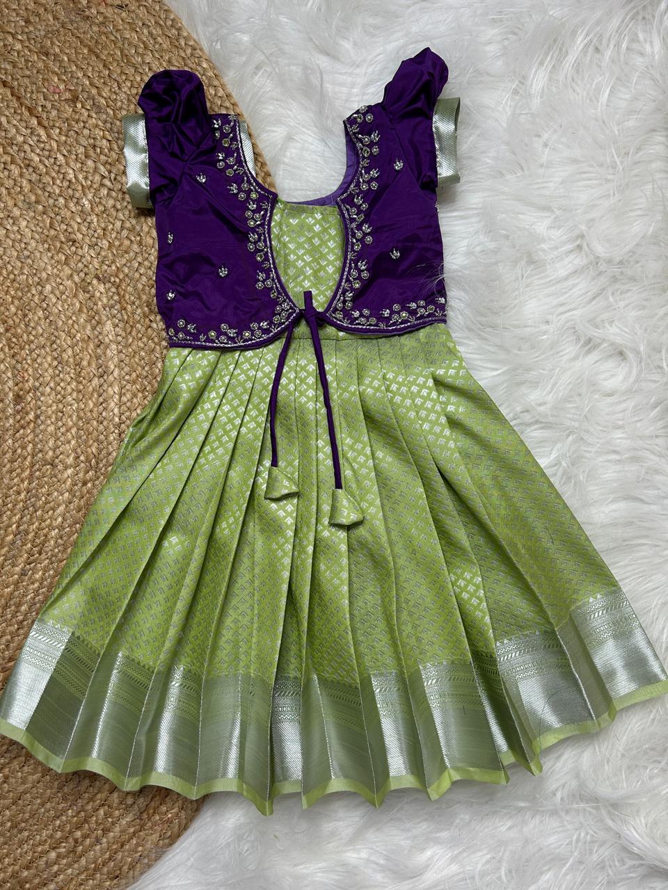 (SB278)Kanchana - Purple with Green Aari Overcoat Silk Gown