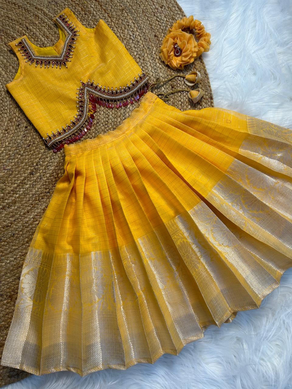 (SB236)Yellow Originally Aari Worked Pavadai Sattai