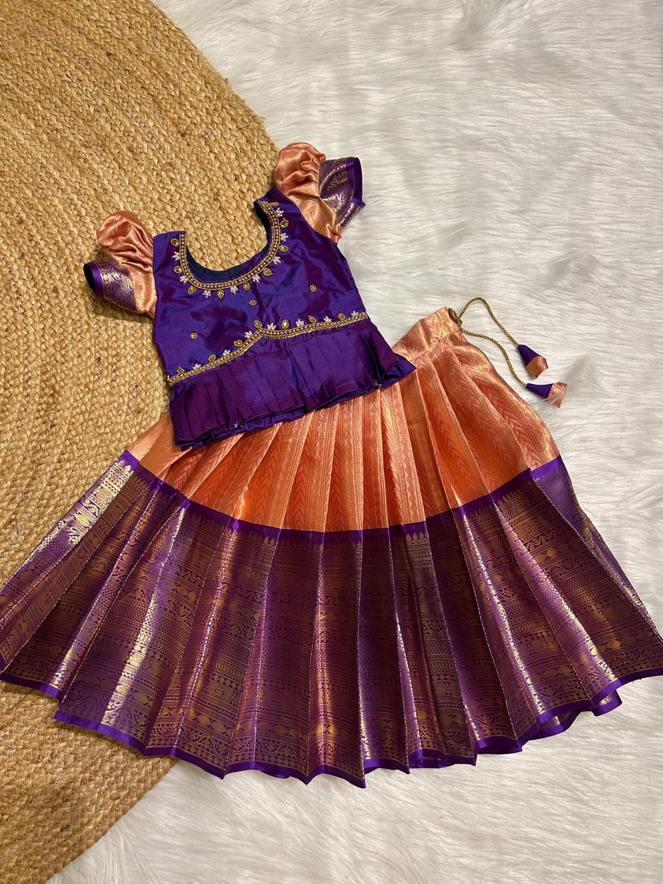 (SB330)Peach with Purple Aari Worked Pavadai Sattai
