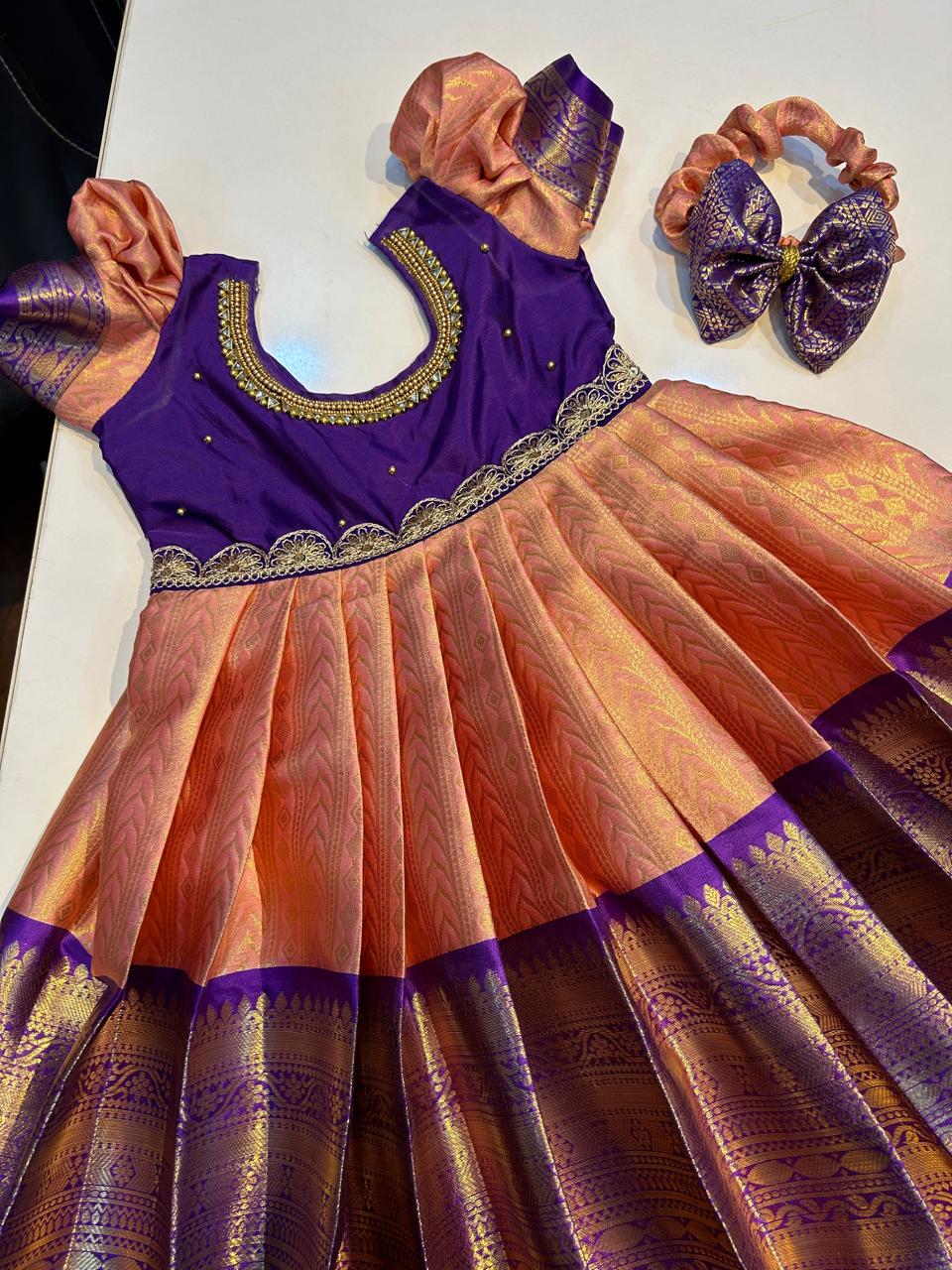 (SB255)Kanchipuram Peach with Purple Semi Silk Gown