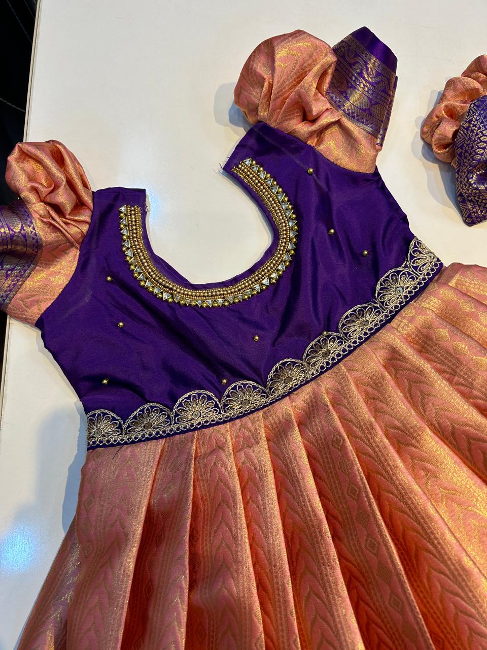 (SB255)Kanchipuram Peach with Purple Semi Silk Gown