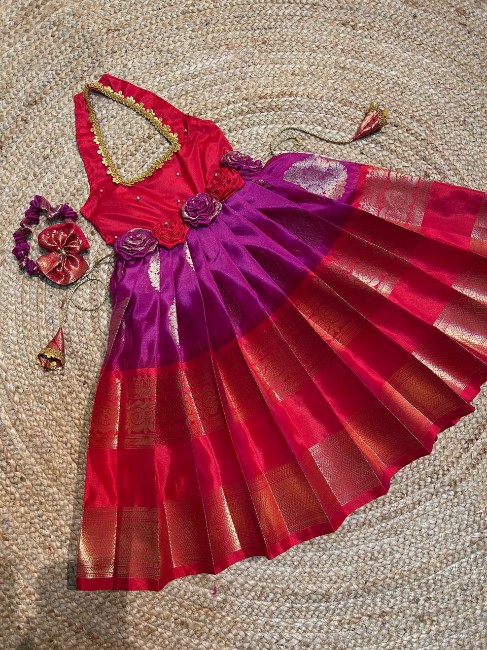 (SB342)Roses Banarasi Pink with Red Semi Silk Gown