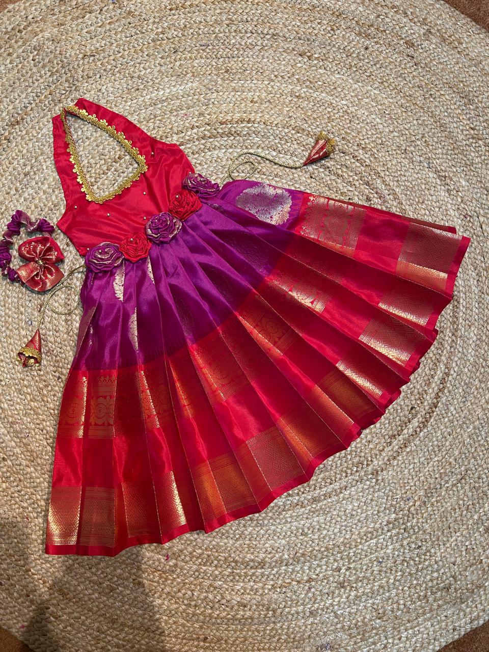 (SB342)Roses Banarasi Pink with Red Semi Silk Gown