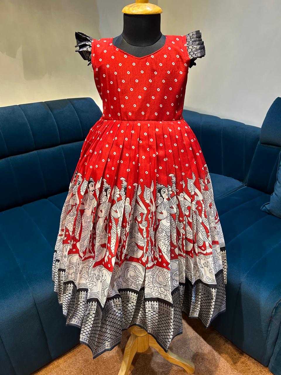(SB347)Sirpam - Red Bandhani Printed Cotton Silk Gown