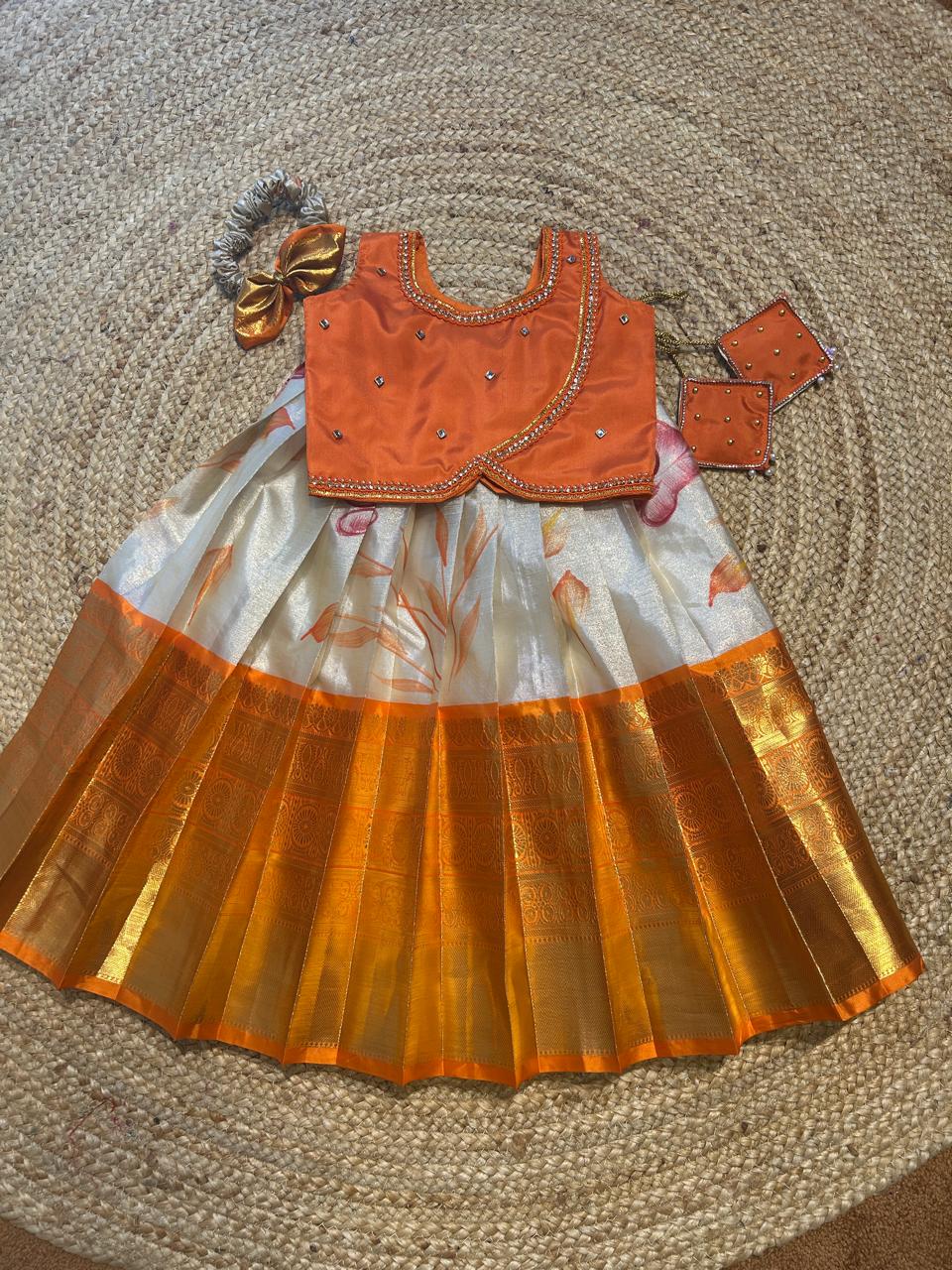 (SB357)Orange - Floral Printed Pavadai Sattai