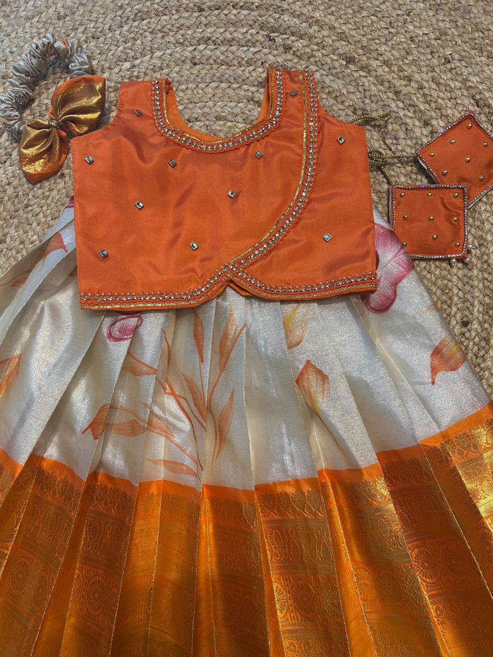 (SB357)Orange - Floral Printed Pavadai Sattai