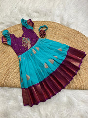 (SB372)Ramya Pandian Inspired Saree as Silk Gown with Vel and Peacock Aari Work