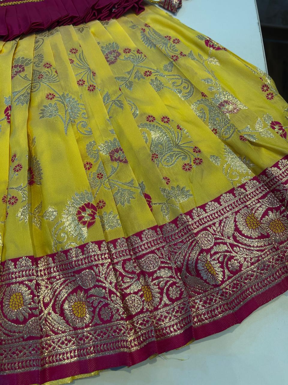 (SB376)Yellow with Pink Floral Pavadai Sattai