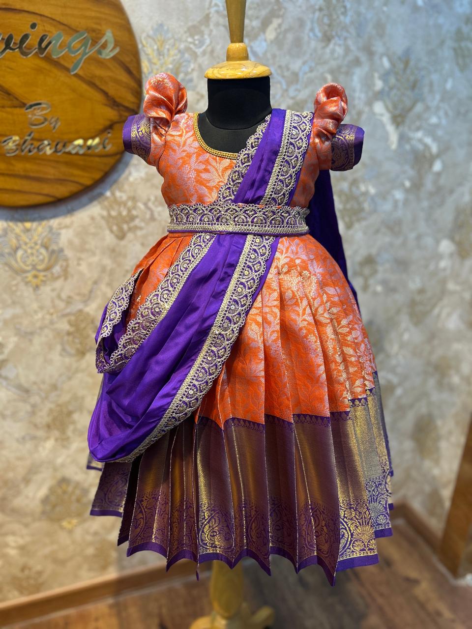(SB378)Venus - Silky Orange with Purple Attached Shawl Silk Gown