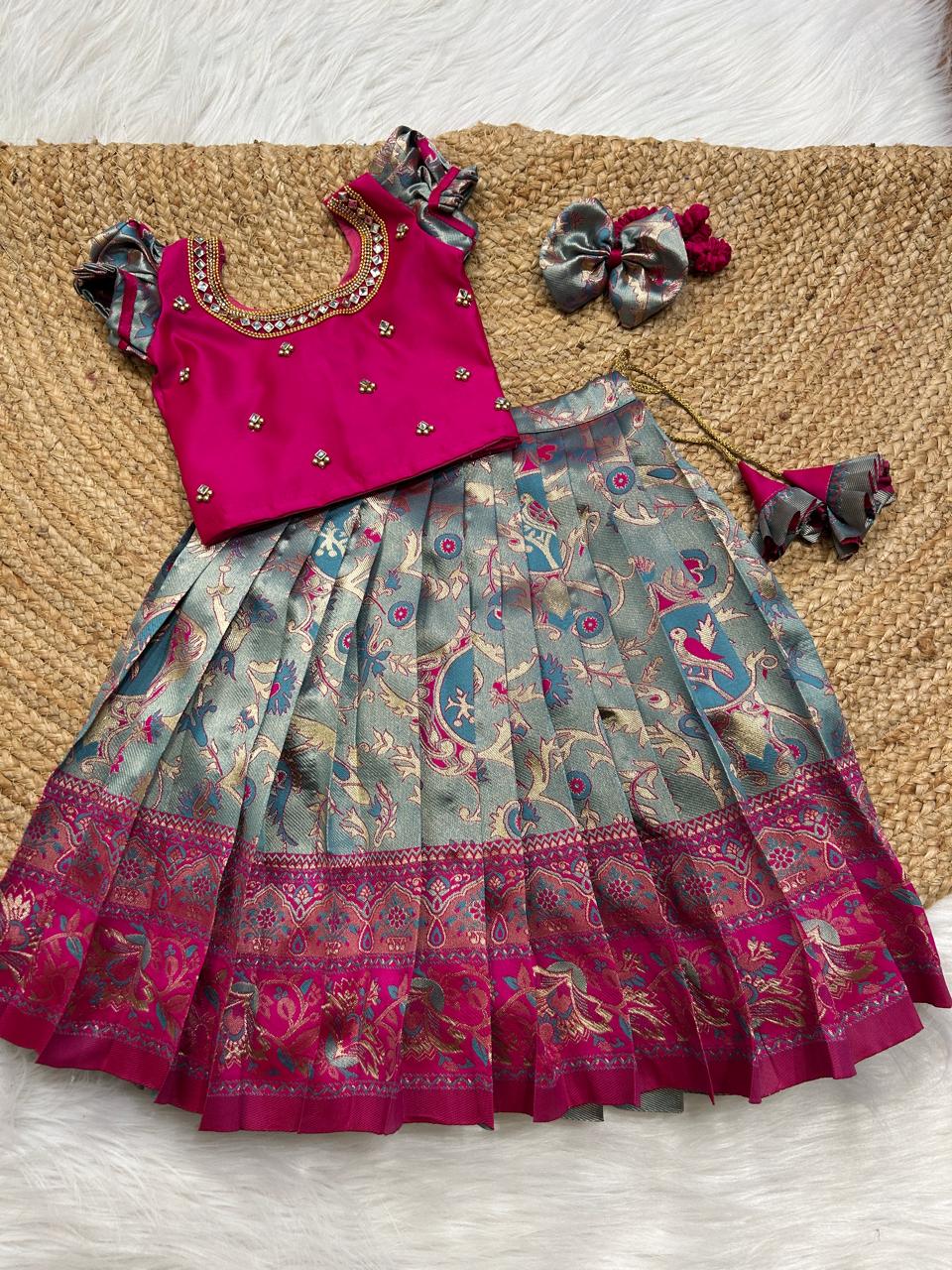 (SB377)Vivaha - Blue with Pink Antique Pavadai Sattai