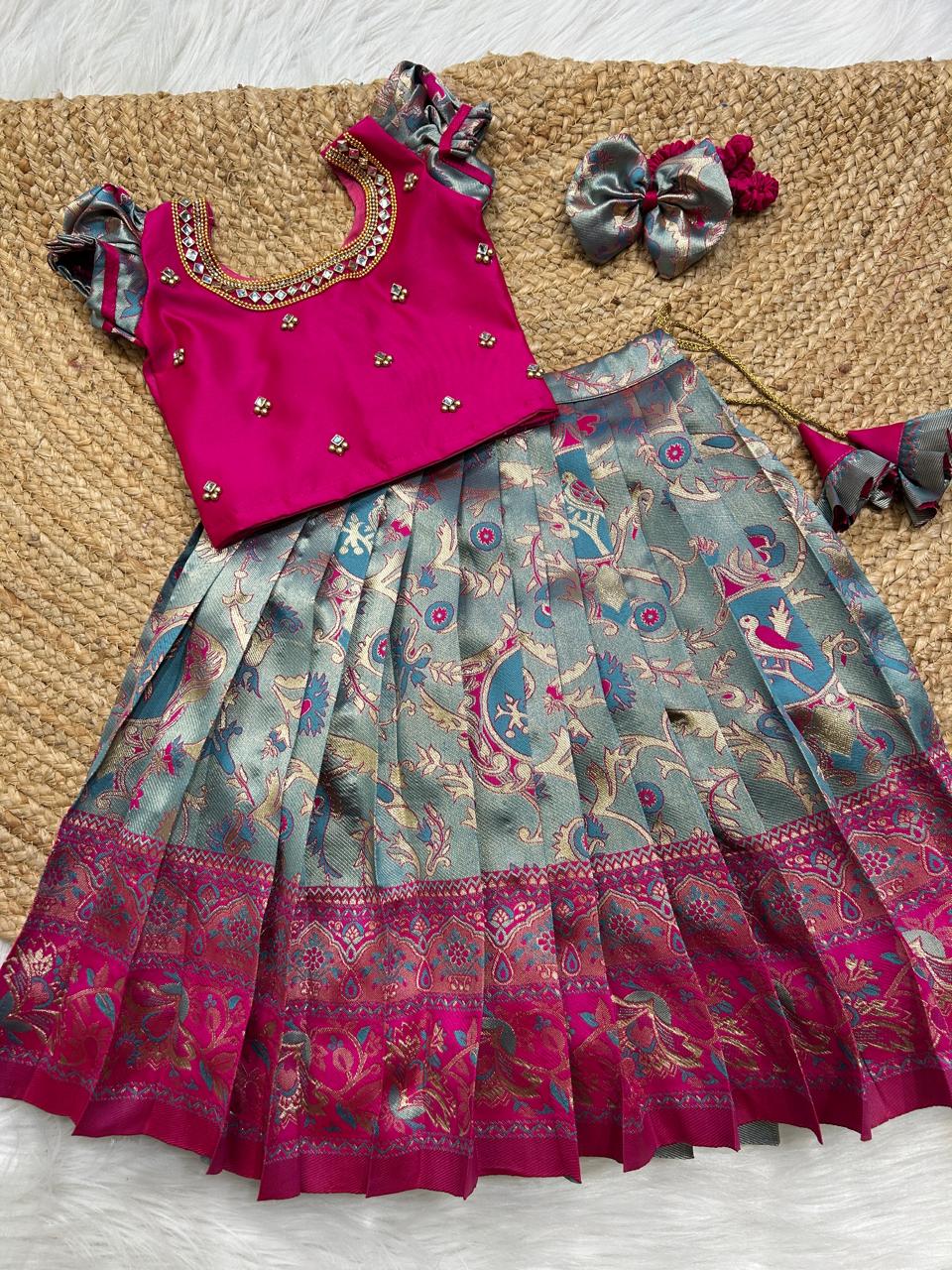 (SB377)Vivaha - Blue with Pink Antique Pavadai Sattai