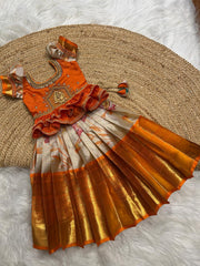 (SB373)Orange Aari Worked Floral Pavadai Sattai