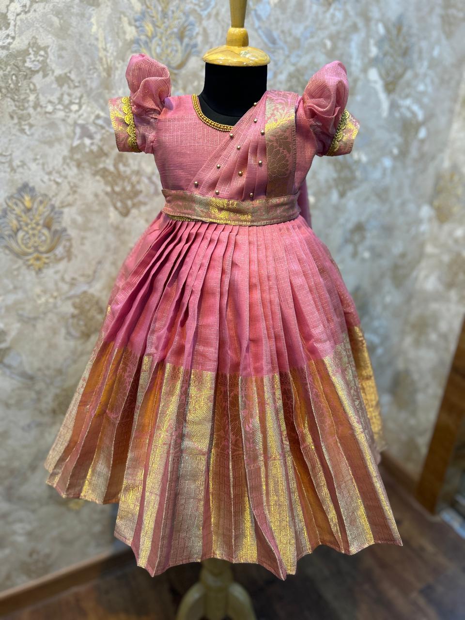 (SB039)Rosy Tissue Silk Gown with Removable Dupphatta
