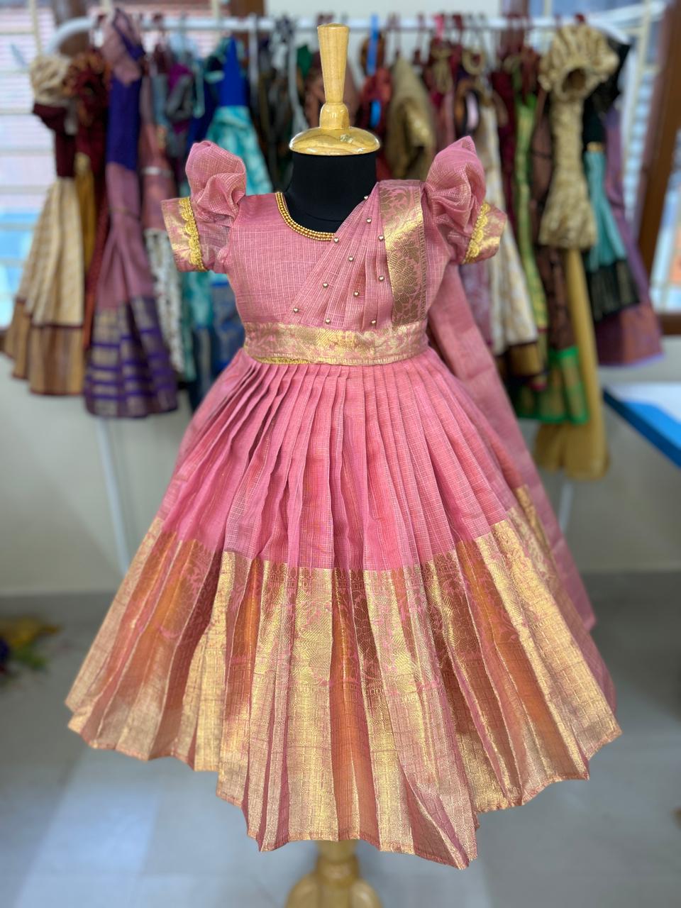 (SB039)Rosy Tissue Silk Gown with Removable Dupphatta