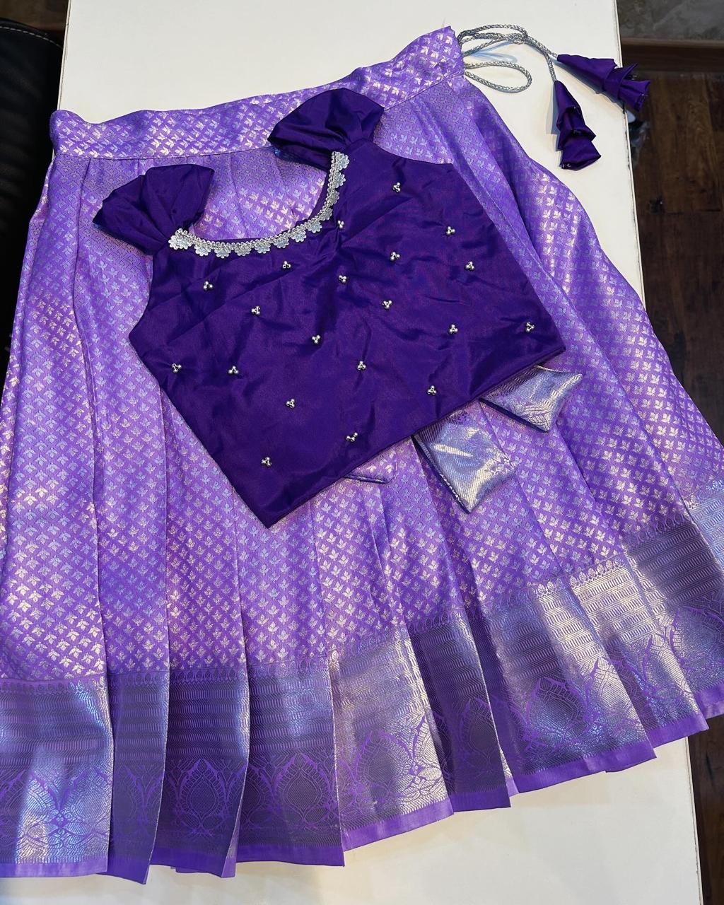 (SB169)Kanchipuram Lavender with Purple Pavadai Sattai Heart Shape Neck