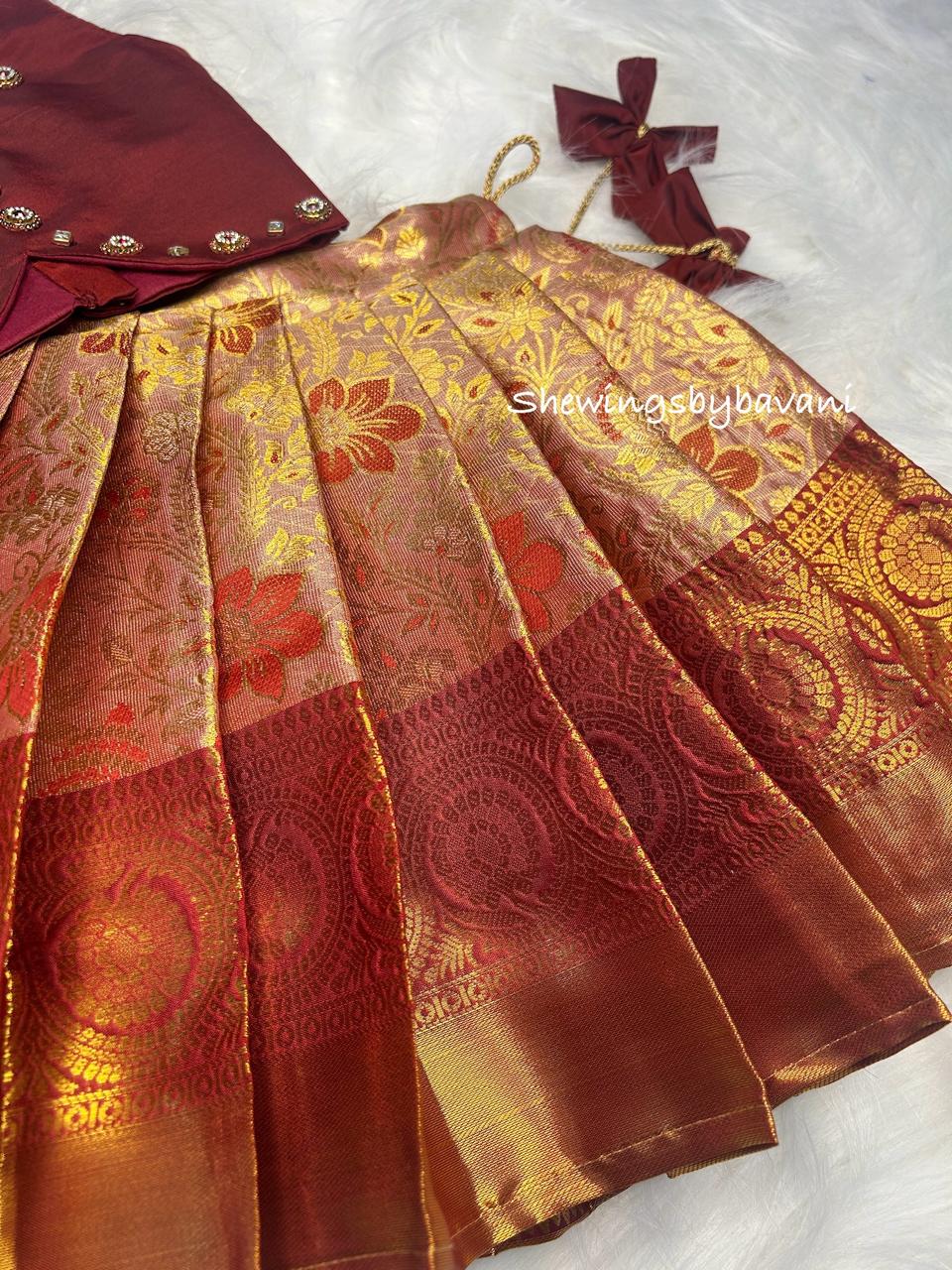 (SB139)Pinkish Nude Shade with Kukum Merun Kanchipuram Pavadai Sattai