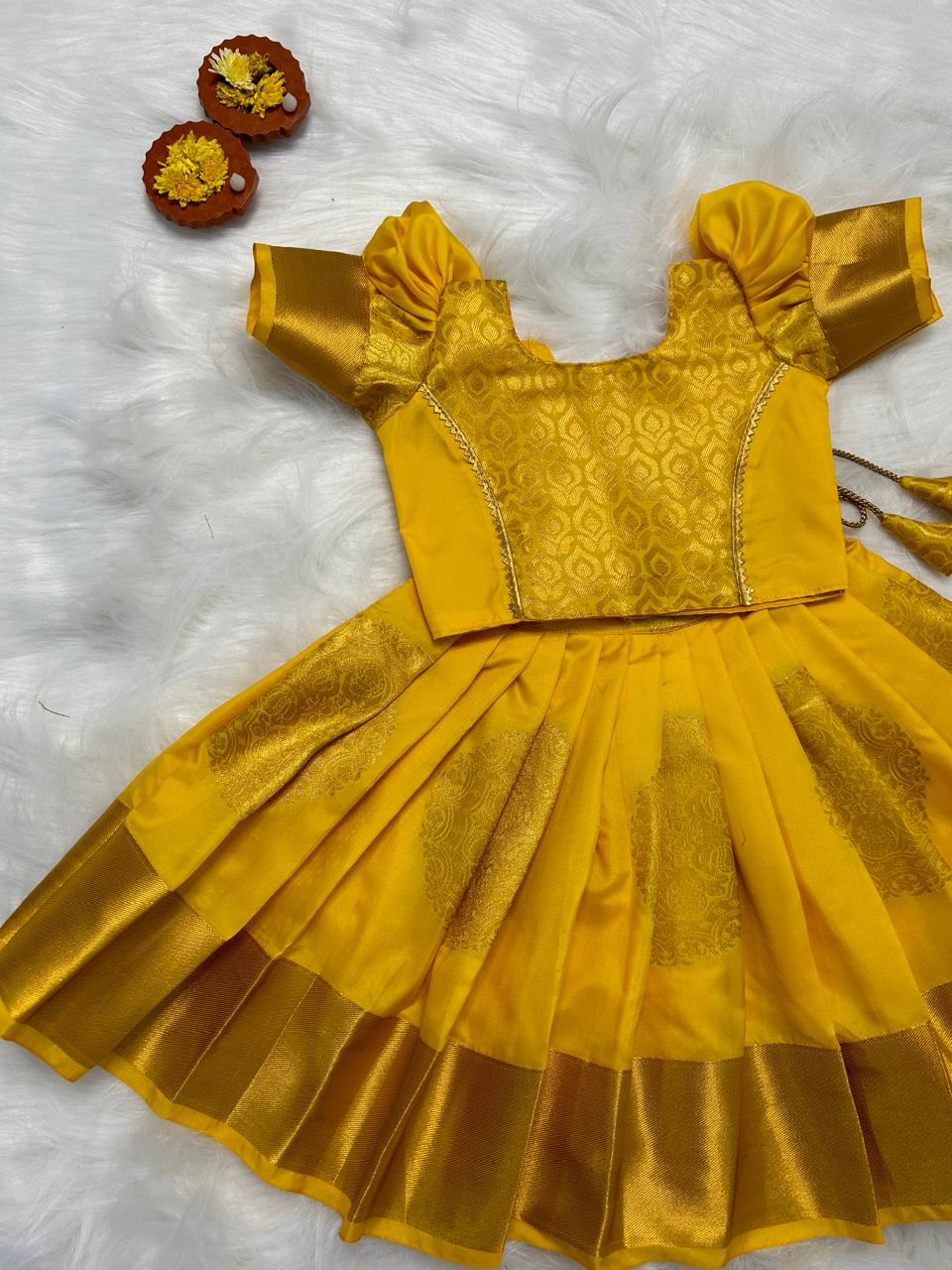 (SB185)Kanchipuram Soft Silk Yellow Pavadai Sattai