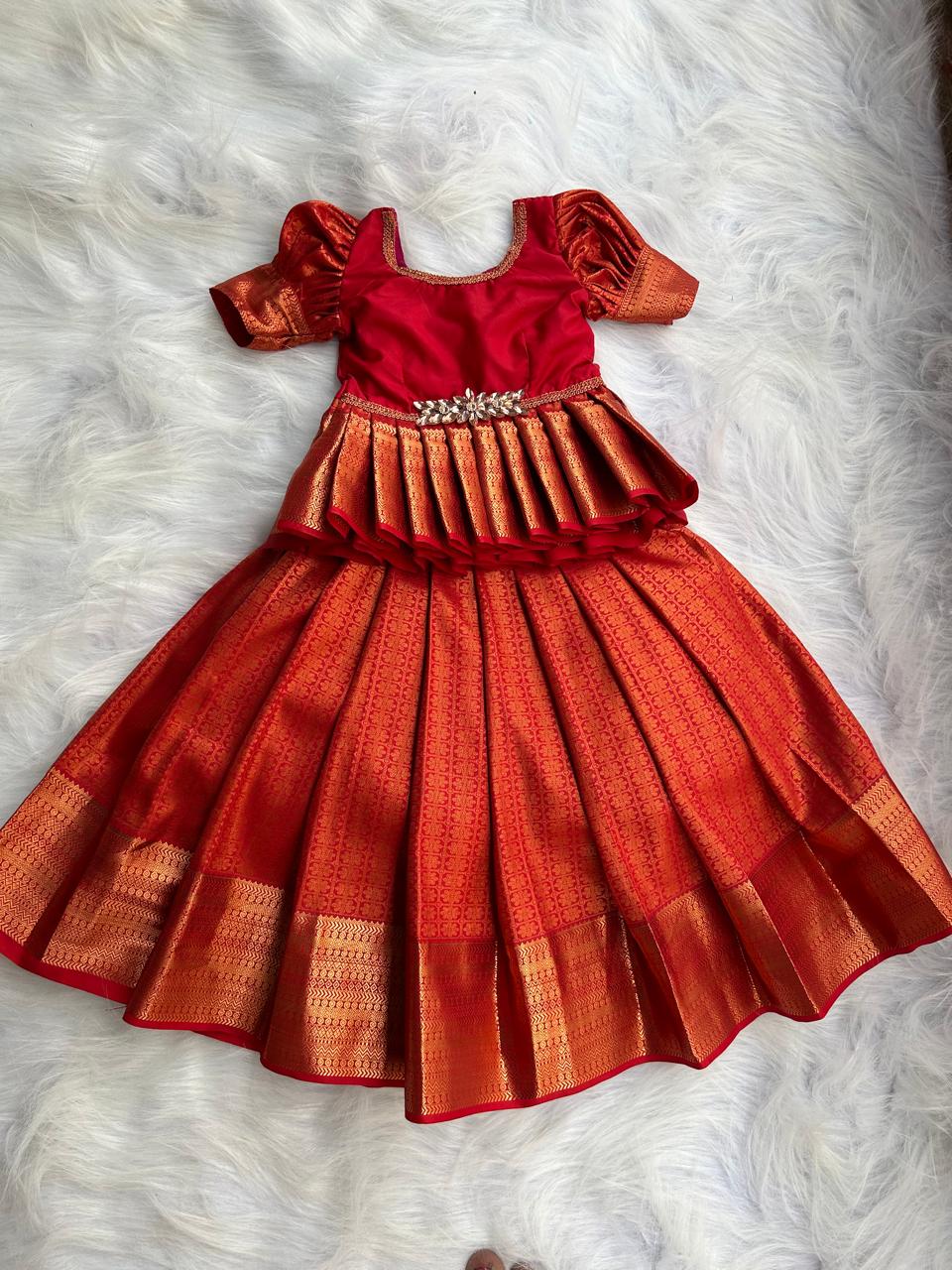 (SB065)Premium Red Chilli Pavadai Sattai with Rhinestones Patch