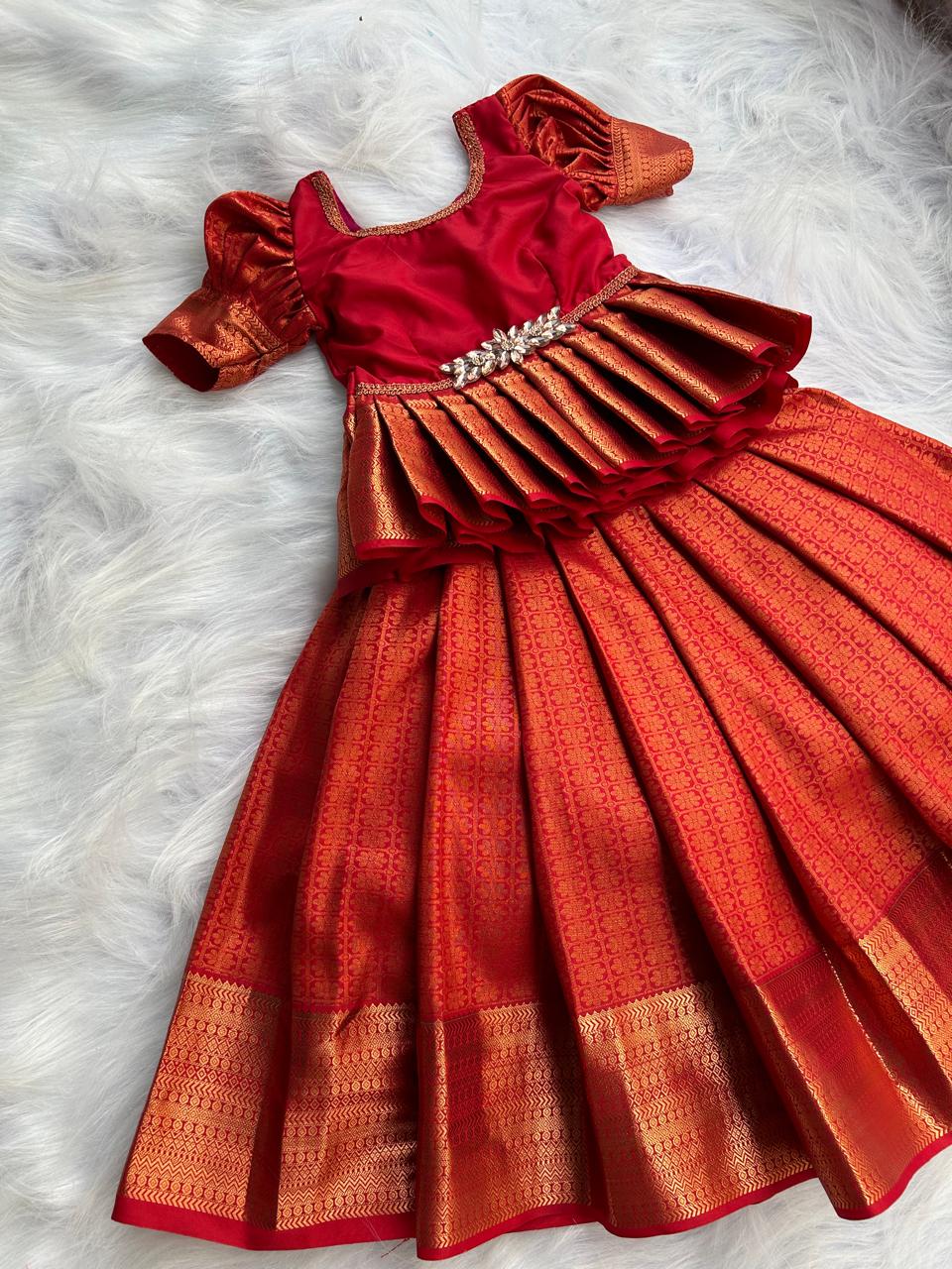 (SB065)Premium Red Chilli Pavadai Sattai with Rhinestones Patch