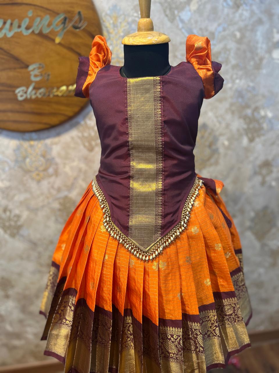 (SB380)Yazhli Orange with Brown Pavadai Sattai