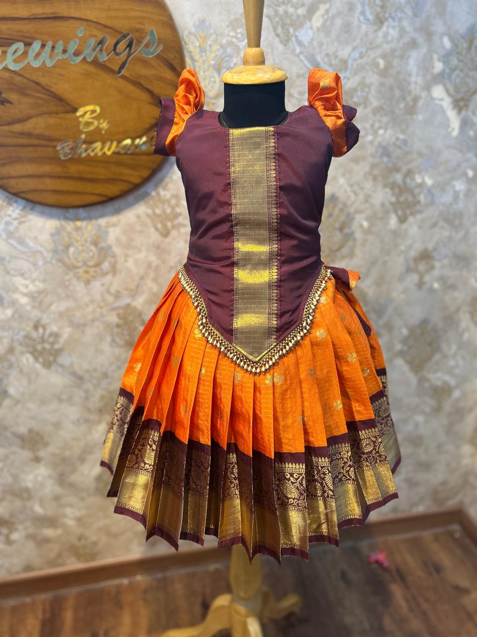(SB380)Yazhli Orange with Brown Pavadai Sattai