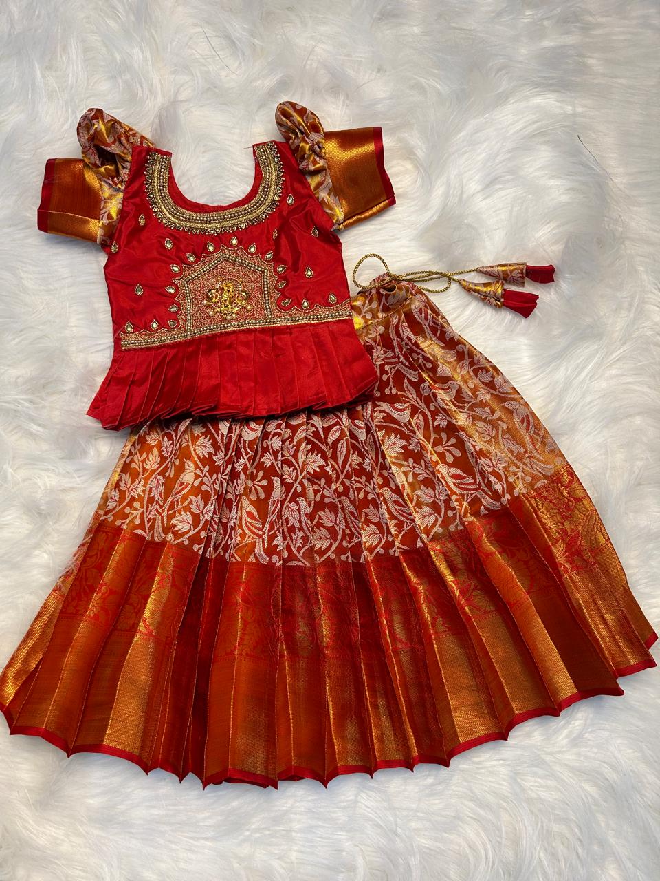 (SB167)Suriyan - Red Organish Kanchipattu Pavadai