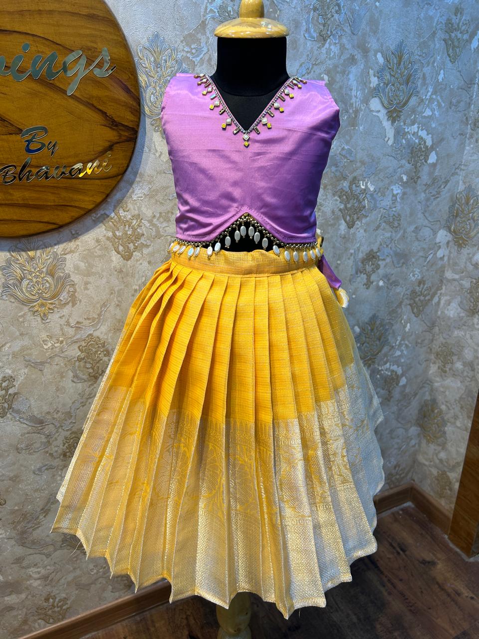 (SB199)Bibbojaan - Yellow with Pale Lavender Tops with Back Ribbon Bow