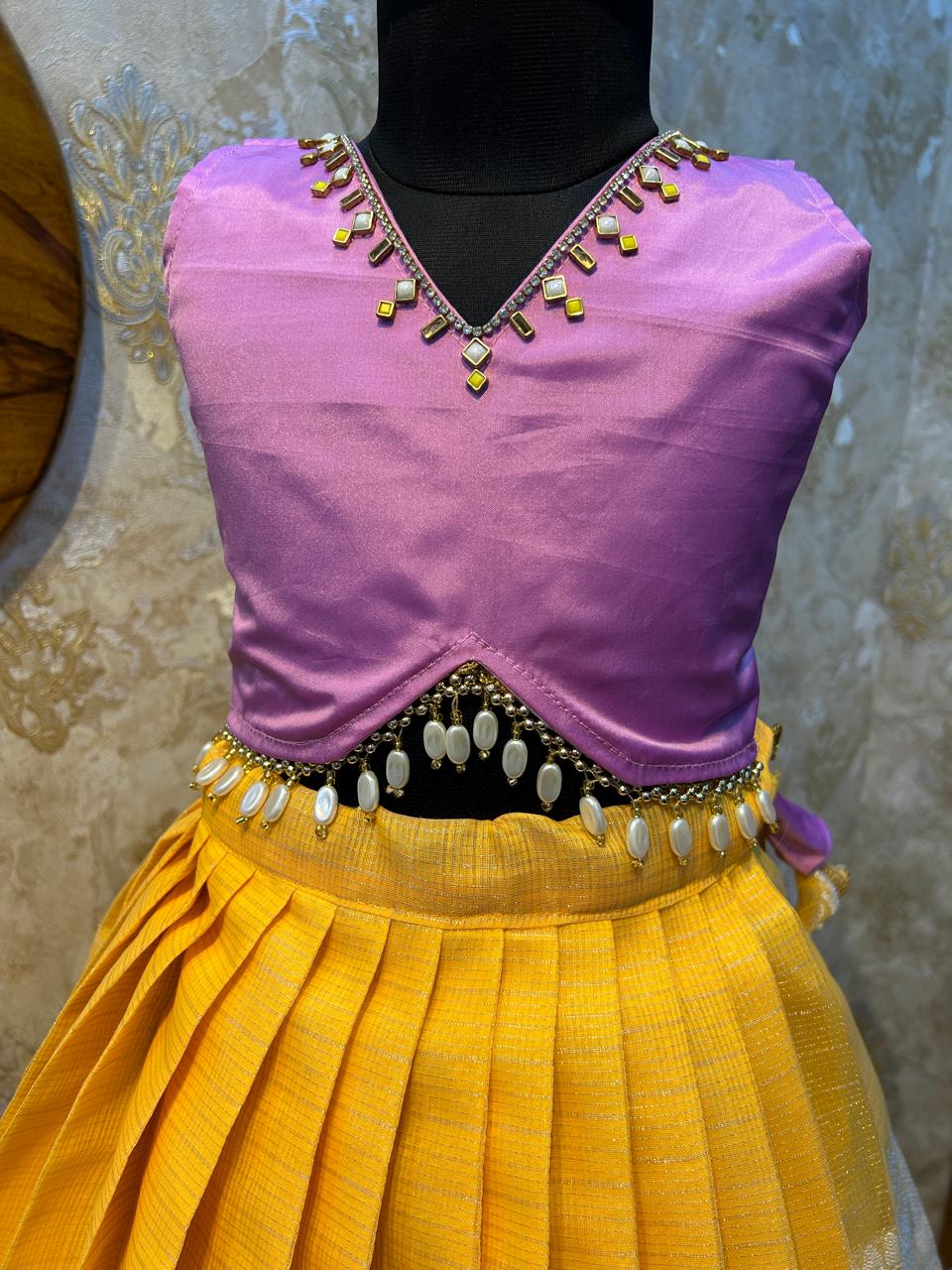 (SB199)Bibbojaan - Yellow with Pale Lavender Tops with Back Ribbon Bow