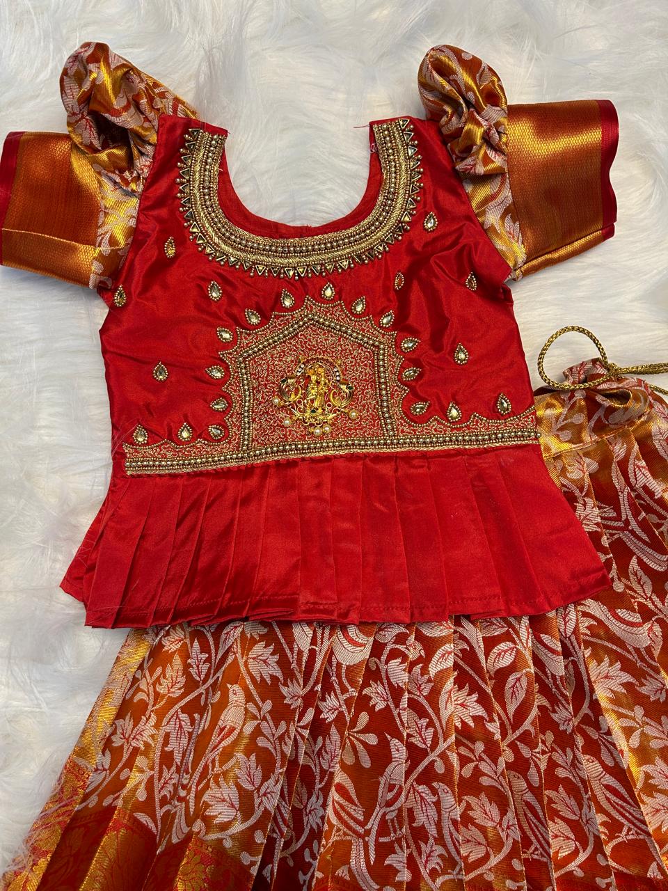 (SB167)Suriyan - Red Organish Kanchipattu Pavadai