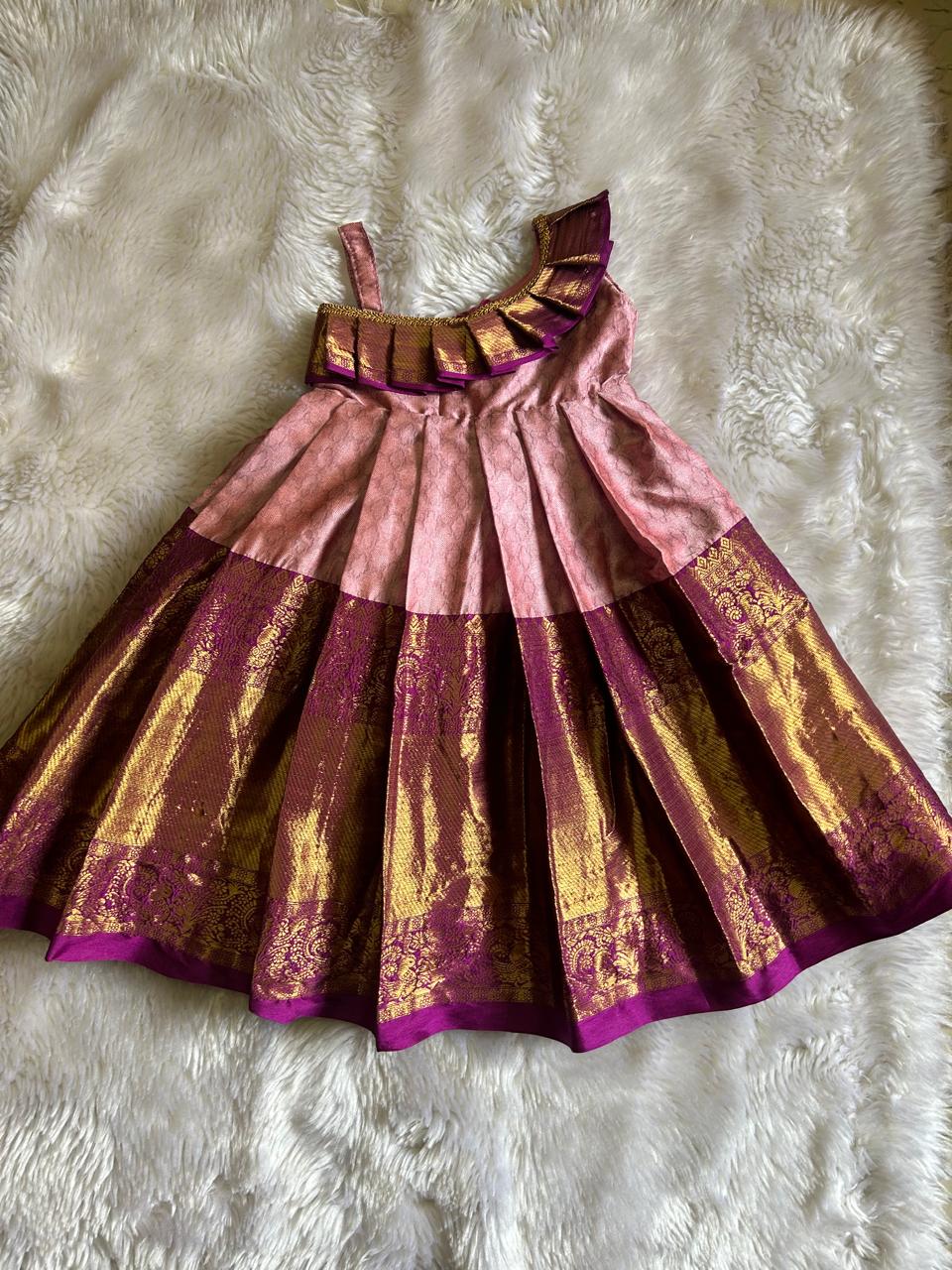 (SB113)Pink Neck Frills Art Silk Gown