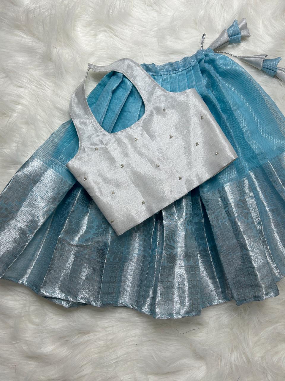 (SB090)Blue Tissue with Silver Zari