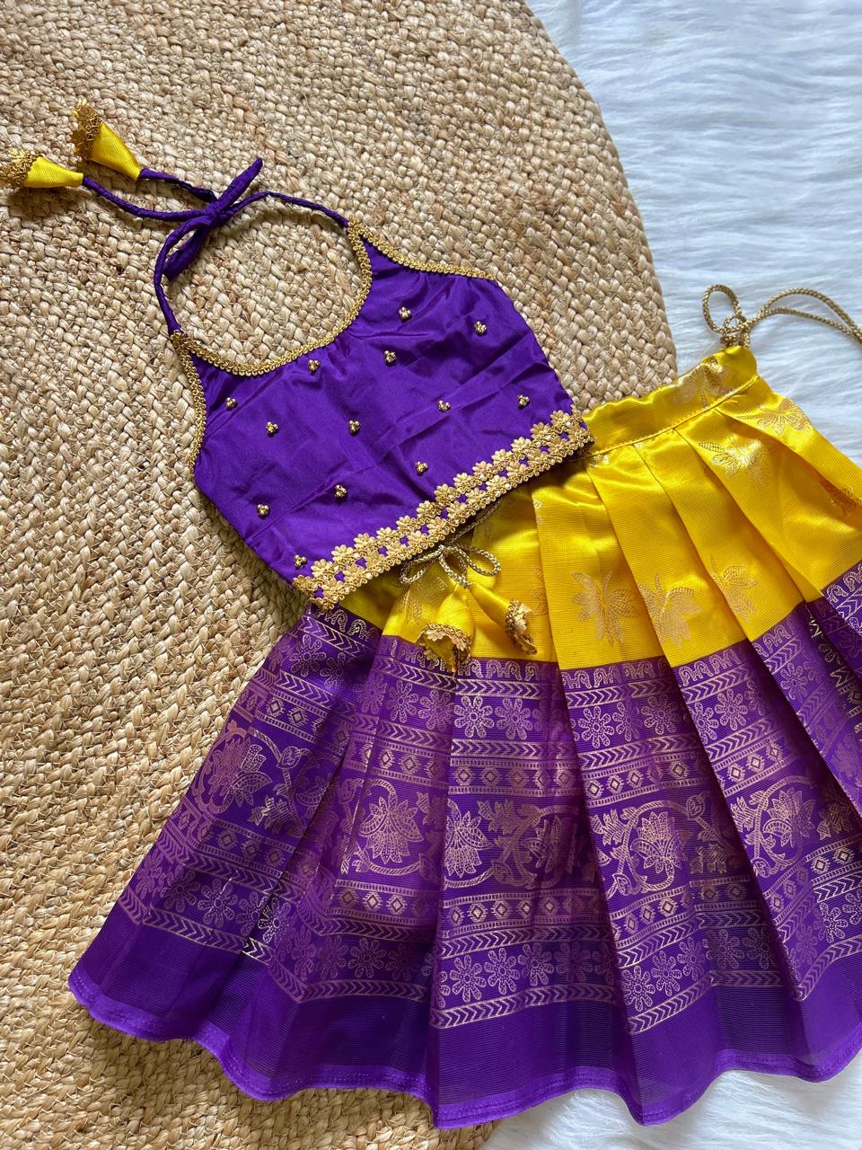 (SB030)Yellow with Purple Art Silk Pavadai Sattai