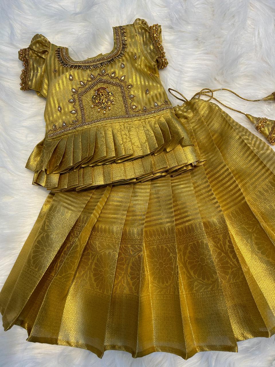 (SB058)Nakshatra Collections (Originally aari Worked) Pavadai Sattai in Golden Strips