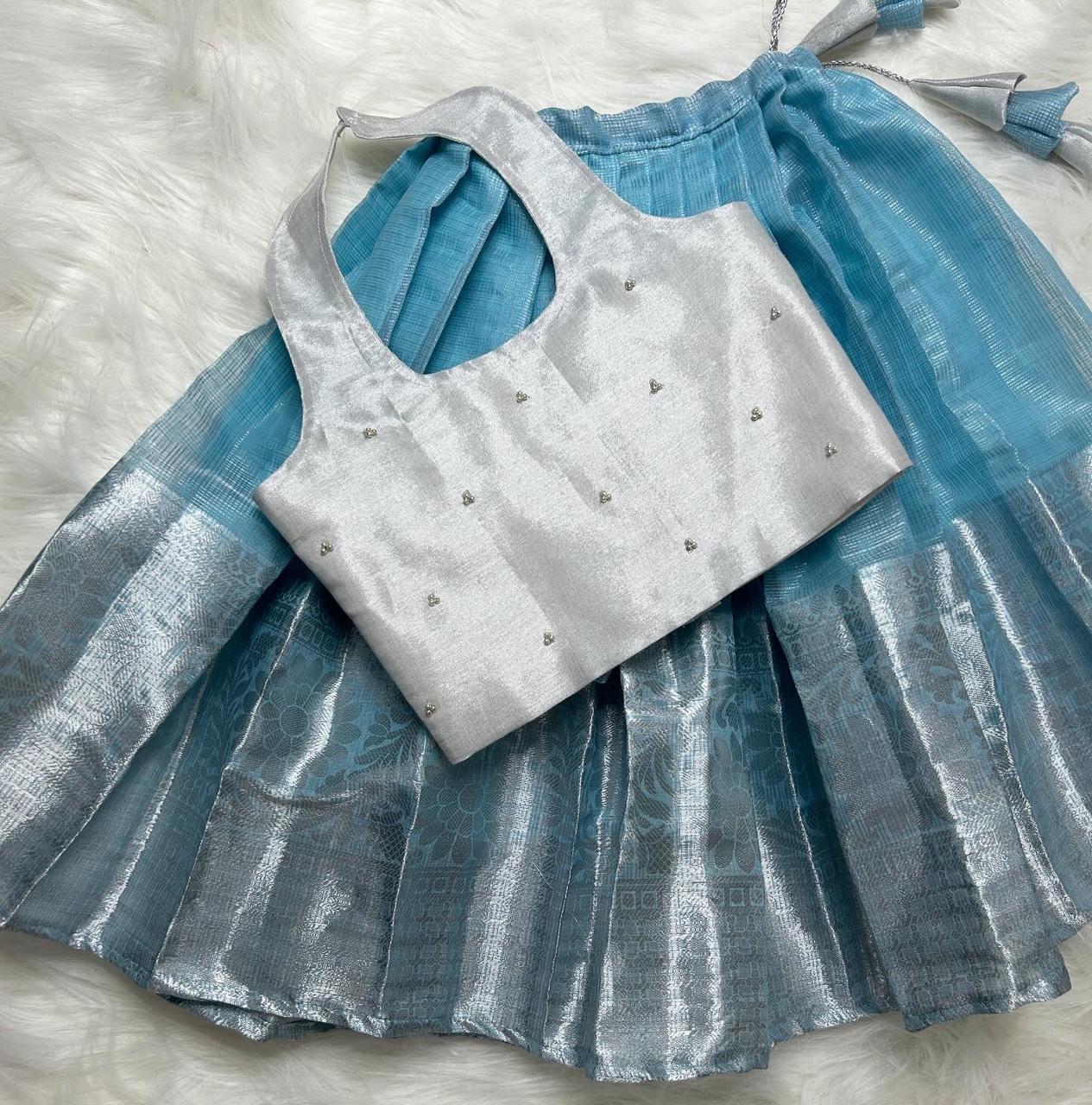(SB090)Blue Tissue with Silver Zari