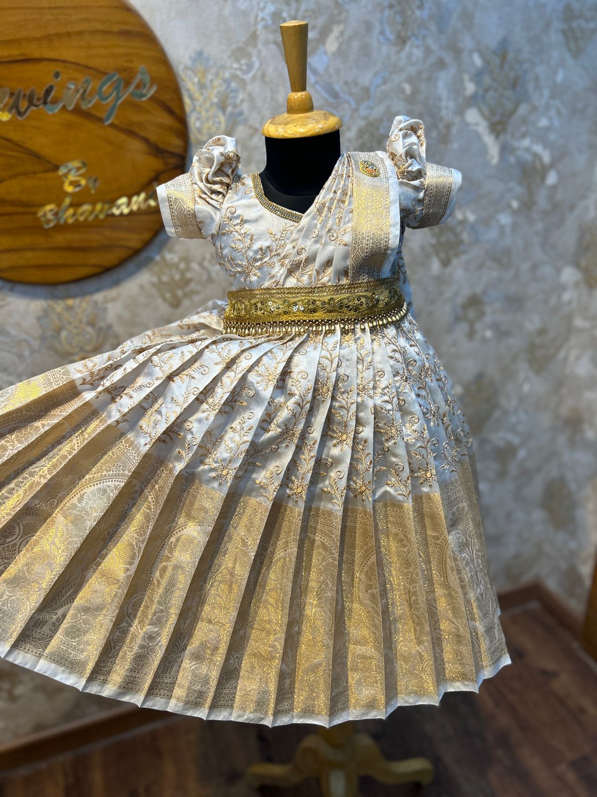 (SB384)Mohana - Full Golden Silk Thread Work Silk Gown with Removable Shawl Pattern