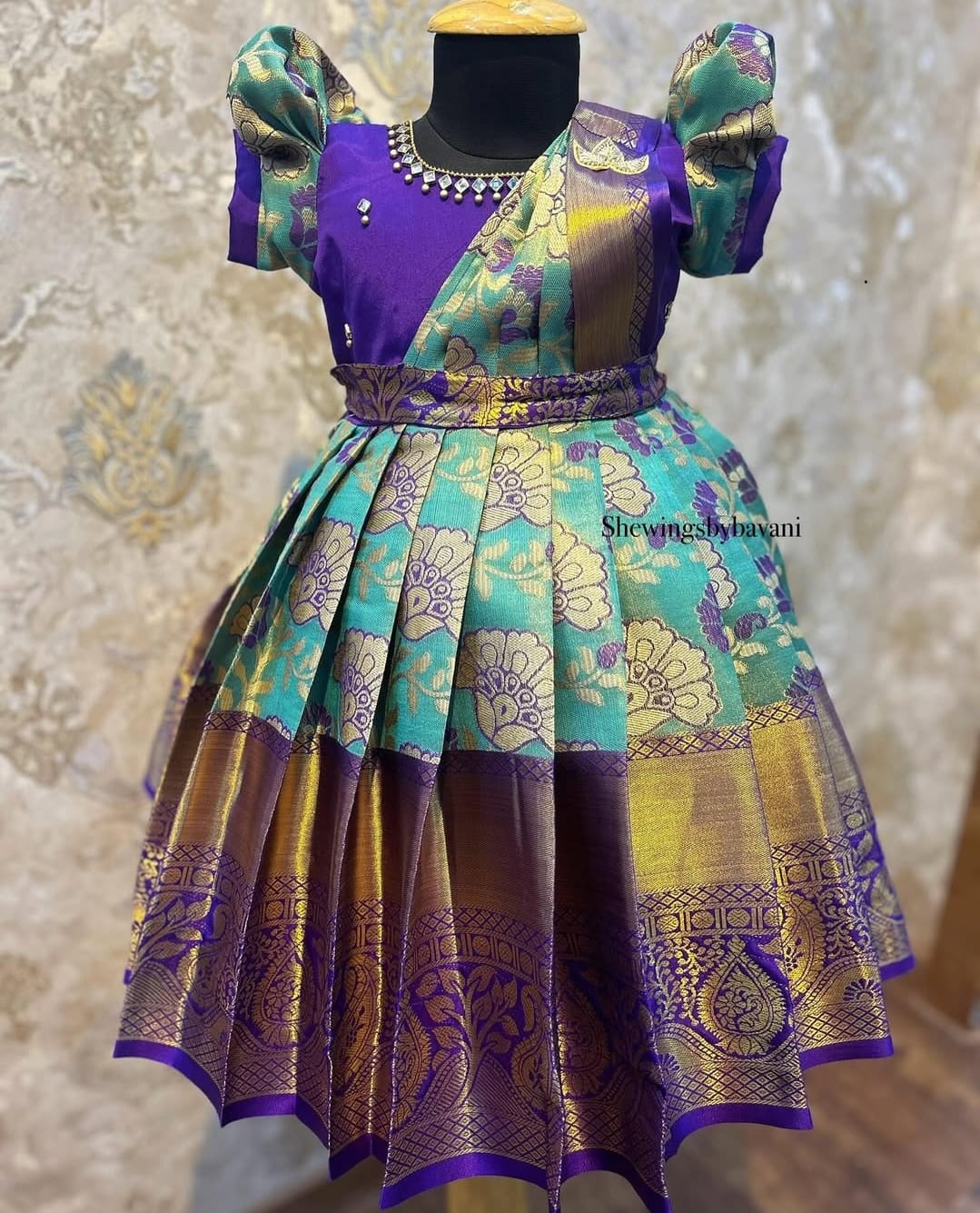 (SB061)Kanchipuram Purple Border with Sky Blue Full Floral Silk Gown with Removable Shawl