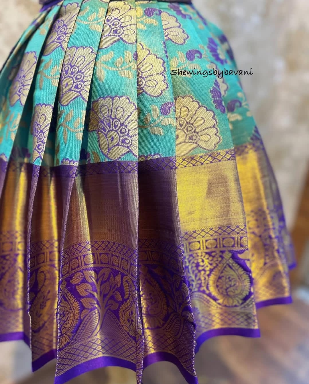 (SB061)Kanchipuram Purple Border with Sky Blue Full Floral Silk Gown with Removable Shawl