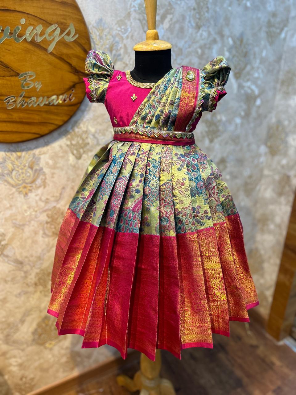(SB177)Pavalam - Sea Green with Pink Kanchipattu Gown with Originally Aari worked Lace in Removable Shawl