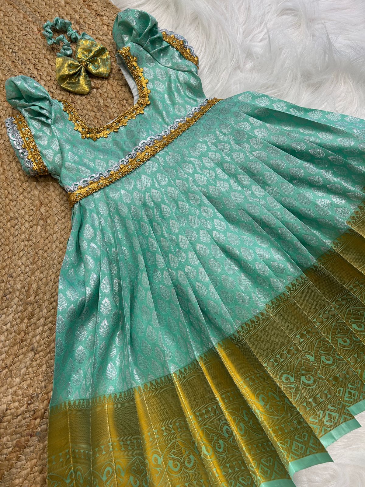 (SB387)Seashell - Seagreen with Silver and Golden Zari Weaved Kanchipuram Silk Gown