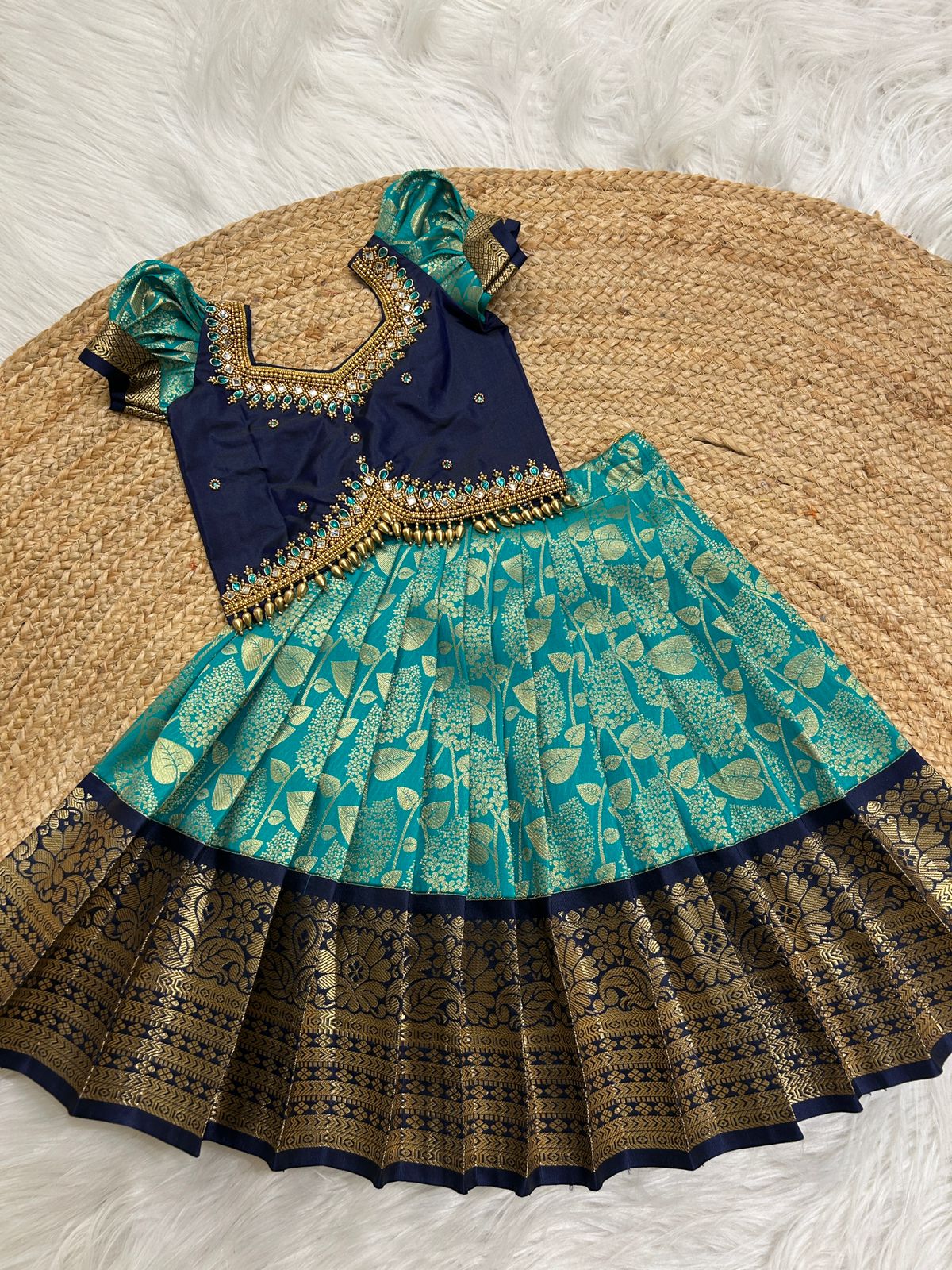 (SB388)Nigarika - Kanchipuram Korvai Silk Pavadai Sattai with Aari Worked Crop Tops