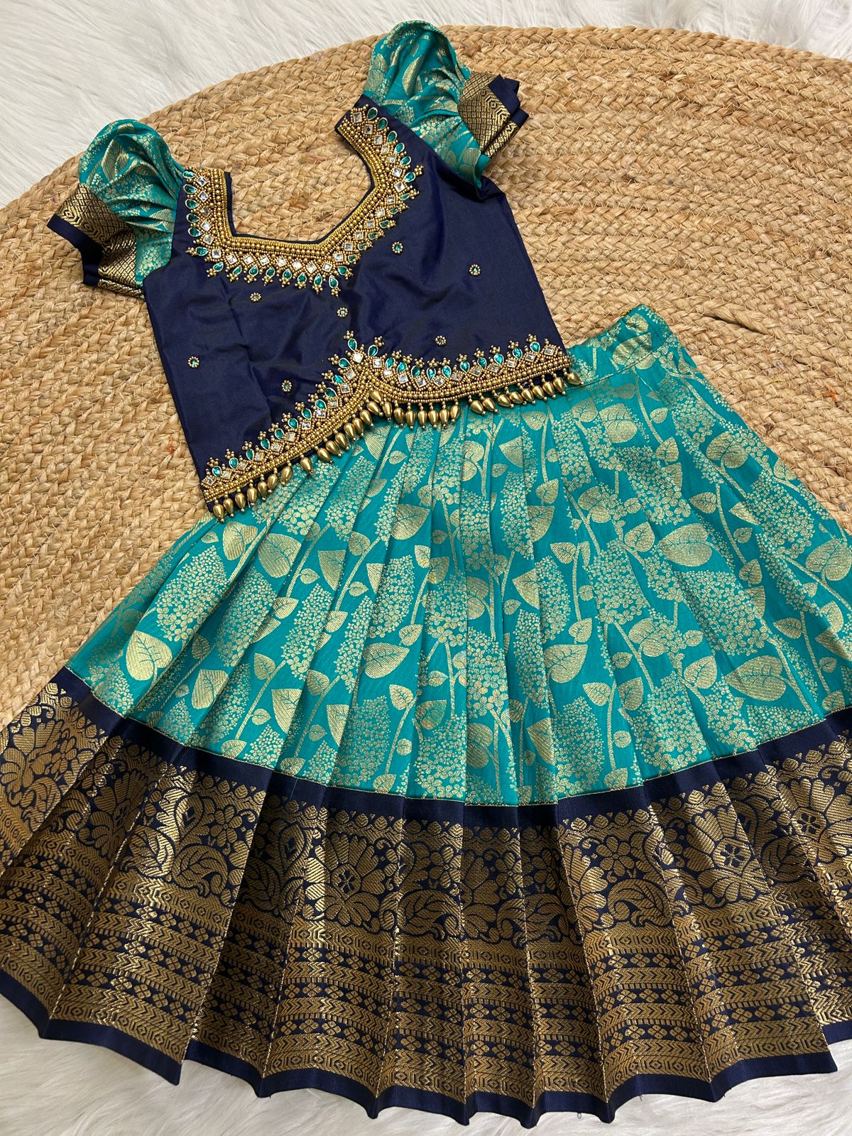 (SB388)Nigarika - Kanchipuram Korvai Silk Pavadai Sattai with Aari Worked Crop Tops