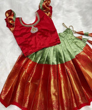 (SB134)Jewel Neck Bright Red with Pista Green Pavadai Sattai