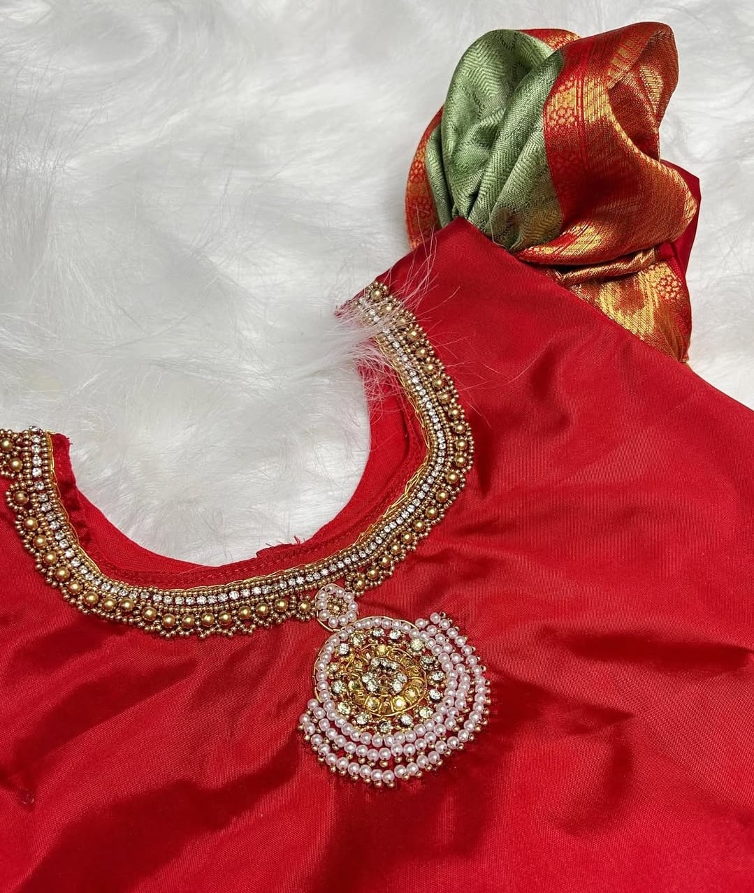 (SB134)Jewel Neck Bright Red with Pista Green Pavadai Sattai