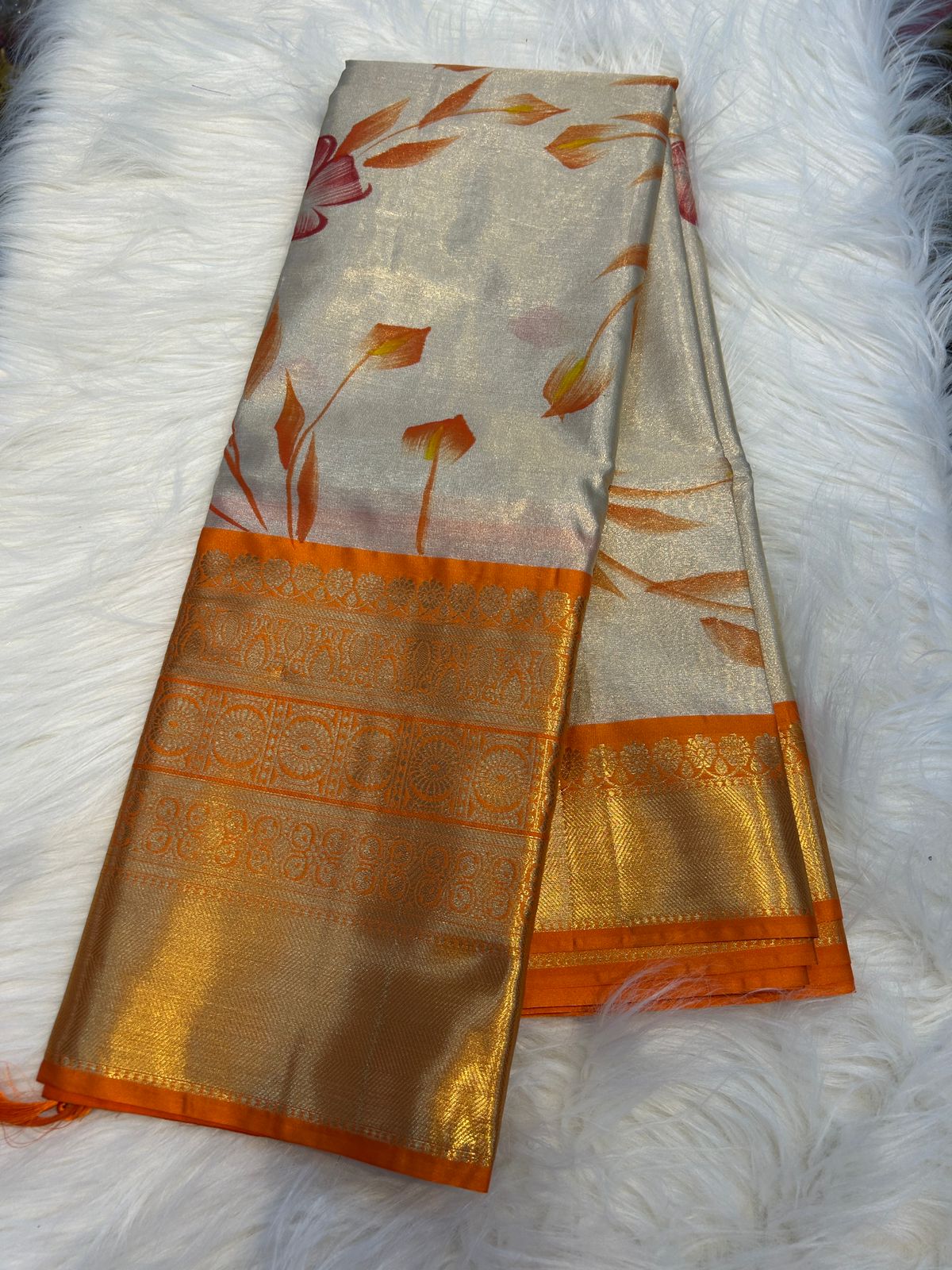 (SBS009)Orange Hand Printed Floral Semi Silk Saree