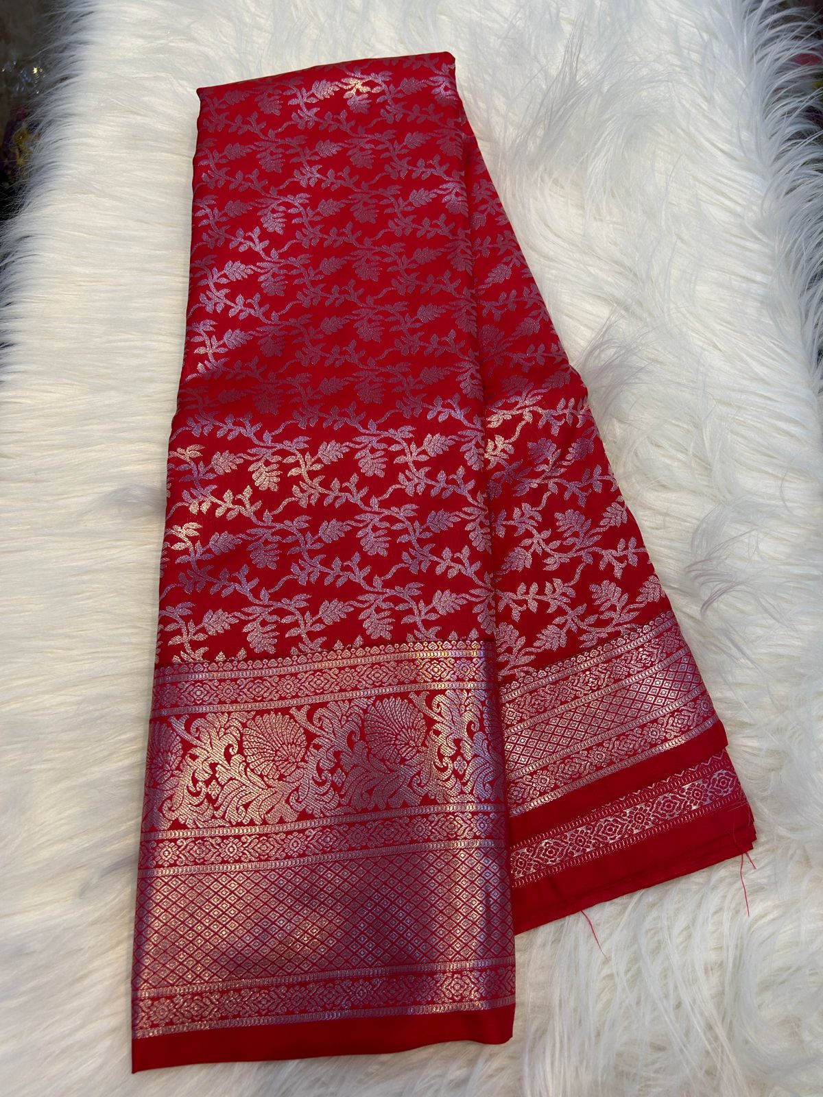 (SBS014)Mercury Red Silver Kanchipuram Silk Saree